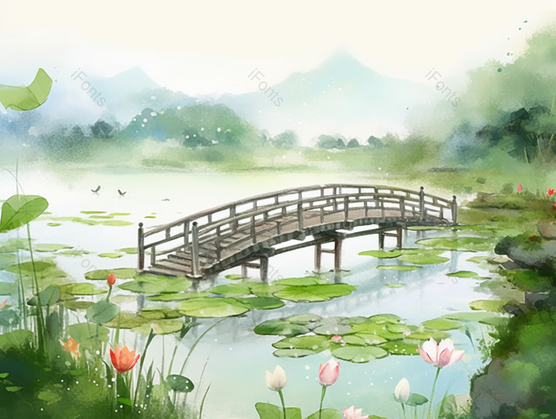 夏天荷花池塘上的小桥,插画/手绘图,插画/手绘图库,插画/手绘图下载,插画/手绘